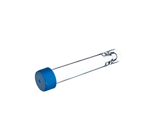 TUBE, 12 ML, PS, CONICAL BOTTOM, 16.8 X 100 MM, WITH BLUE BAYONET CAP, WITH SUPPORT SKIRT, CRYSTAL-CLEAR, STERILE,