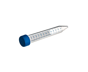 TUBE, 15 ML, CONICAL BOTTOM, 17.0 X 120 MM, WITH BLUE SCREW CAP, NATURAL, GRADUATED, WITH WRITING AREA, STERILE