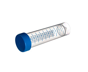 TUBE, 50 ML, PP, CONICAL BOTTOM, 30 X 115 MM, WITH BLUE SCREW CAP, NATURAL, BLUE GRADUATION, WITH WRITING AREA, WITH SKIRT,