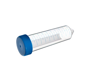 TUBE, 50 ML, PP, CONICAL BOTTOM, 30 X 115 MM, WITH BLUE SCREW CAP, NATURAL, WITH BLUE GRADUATION, WITH WRITING AREA,