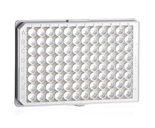 MICROPLATE, 96 WELL, PS, F-BOTTOM (CHIMNEY WELL), TC, WHITE, WITH LID, WITH CONDENSATION RINGS, STERILE, 8