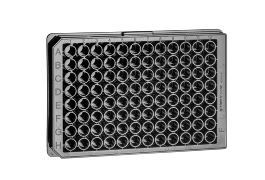 MICROPLATE, 96 WELL, PS, F-BOTTOM (CHIMNEY WELL), TC, BLACK, WITH LID, WITH CONDENSATION RINGS, STERILE, 8